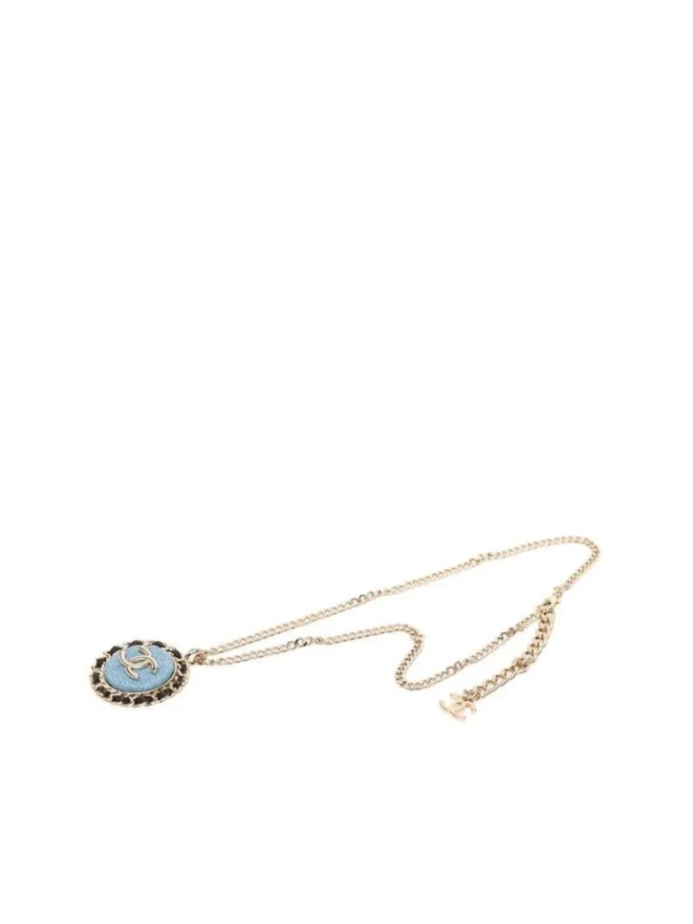 Chanel CC Logo Chain Necklace Gold Blue Black Plated Leather Denim